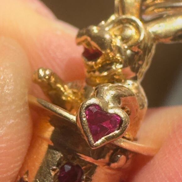 French Rabbit Heart Magician Hat 18K Yellow Gold Ruby Charm Pendant - Picture 2 of 16